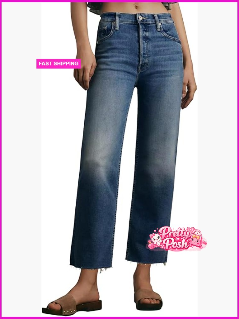 Tummy Control High Waisted Straight Leg Jeans Raw Hem Cropped Denim